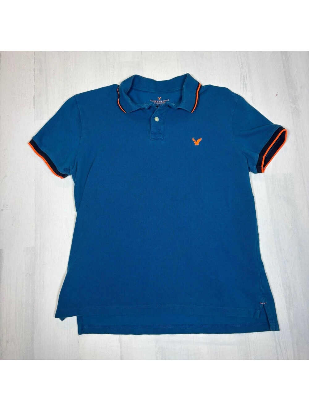 American Eagle Polo Shirt Mens L Blue Orange Eagle Logo Preppy Classic Fit